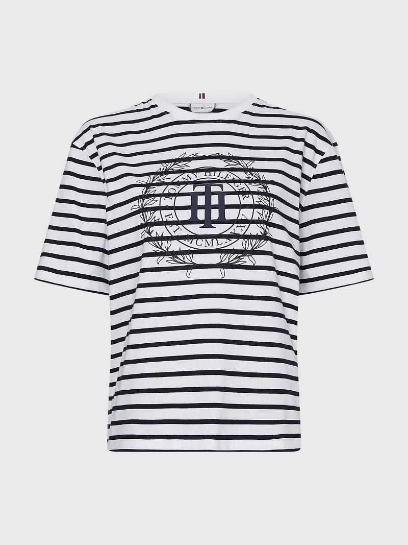 Női Tommy Hilfiger Stripe TH Crest Logo Póló Fehér | HU 477RVD